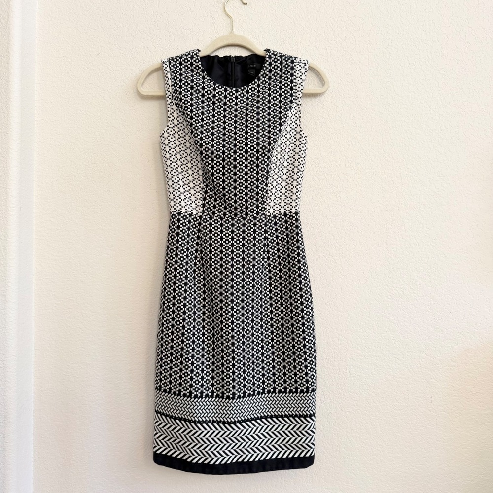 J.Crew Women Black White Geometric Border Print Sleeveless Sheath Dress 00